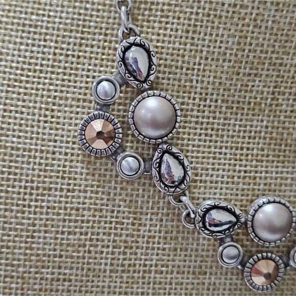 Brighton Pastille Jeweled Collar Bibb Gold Pearl and Silver Necklace New - Picture 9 of 10